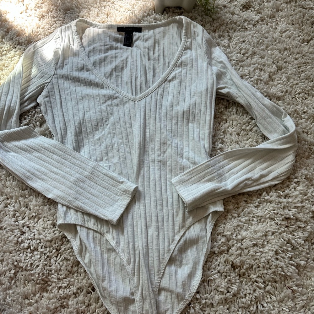 Forever 21 ribbed knit deep v white long sleeve evening goingout summer …
